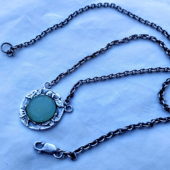 Sterling Silver Circle Pendant with Light Green Resin Center on Chunky 16" Chain - Picture 2 of 3